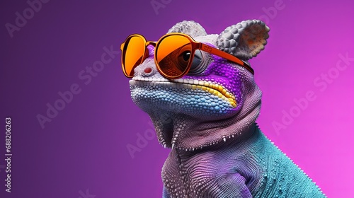 Cool chameleon wearing sunglasses on a solid color background, copy space, 16:9 photo