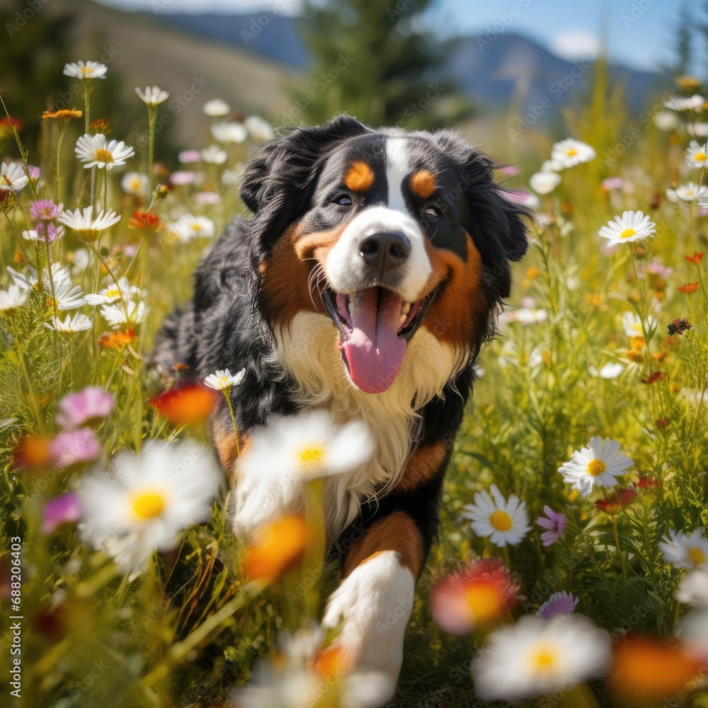 Bernese Mountain Dog Frolics in Wildflower Meadow: A Photographic Masterpiece