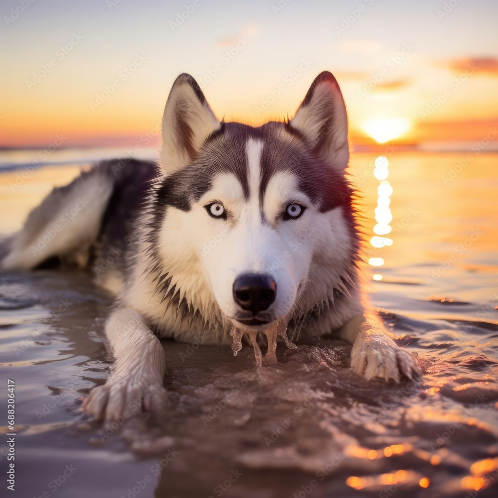 Siberian Husky Bliss on a Sunset Beach: A Wildlife Photographer's Dream Siberian Husky Bliss on a Sunset Beach: A Wildlife Photographer's Dream