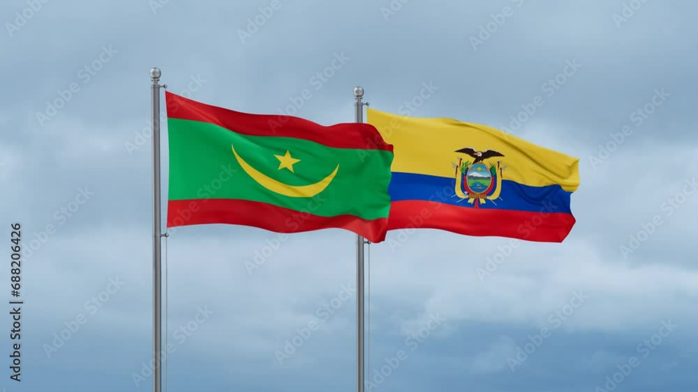 Ecuador flag and Mauritania flag waving together on cloudy sky, endless seamless loop, two country relations concept Ecuador flag and Mauritania flag waving together on cloudy sky, endless seamless loop, two country relations concept