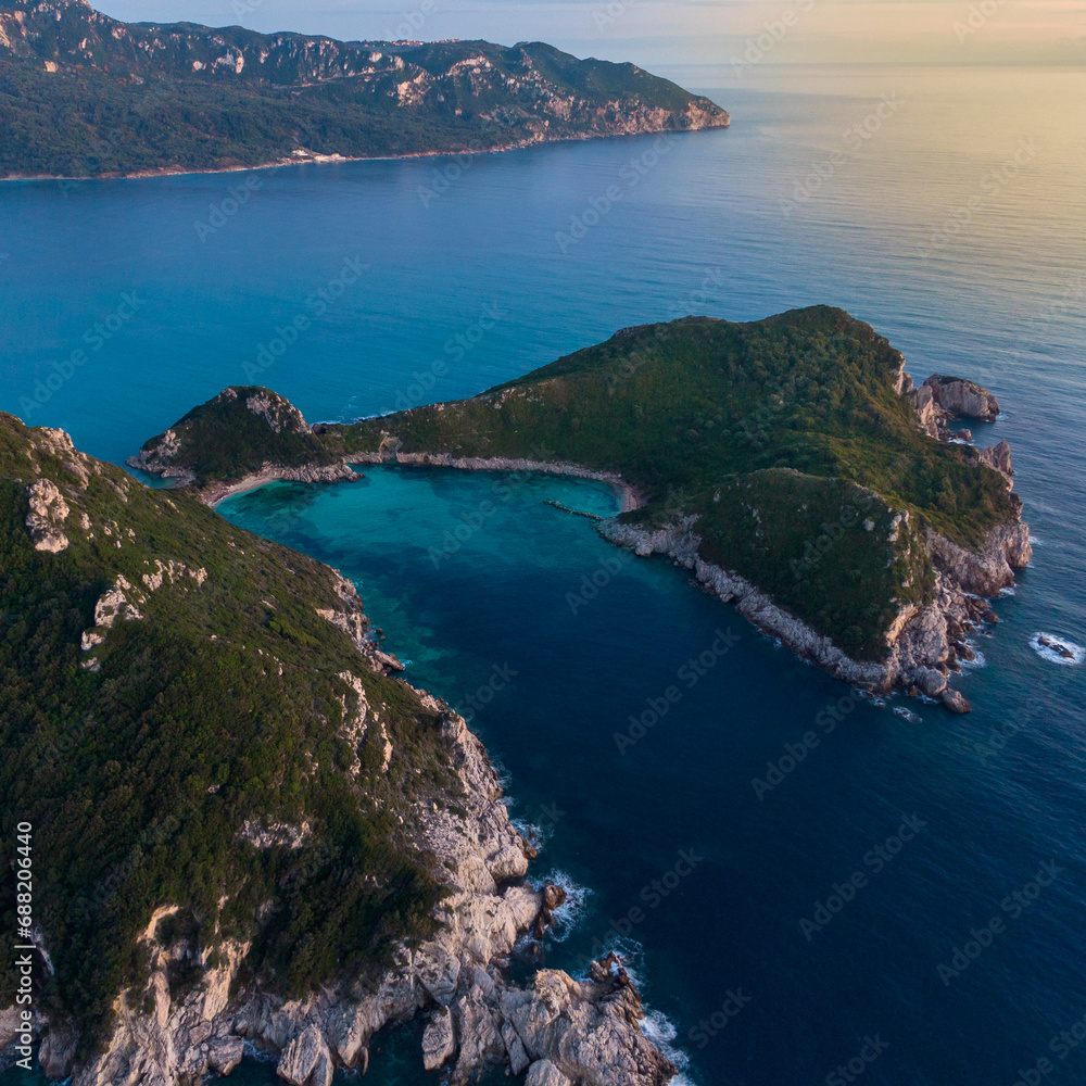 Aerial  drone view of Porto Timoni beach in Afionas region, Corfu,Greece