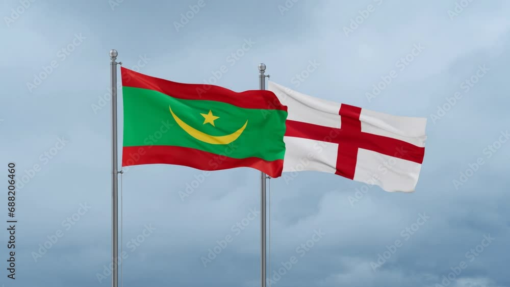 England flag and Mauritania flag waving together on cloudy sky, endless seamless loop, two country relations concept England flag and Mauritania flag waving together on cloudy sky, endless seamless loop, two country relations concept