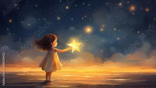 cute girl in the night sky holding a star