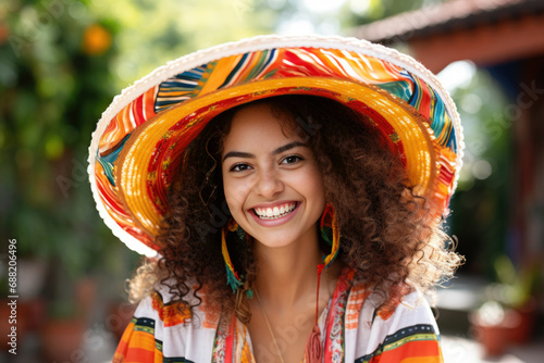 Smiling young hispanic woman wearing a colorful hat looking at the camera photo