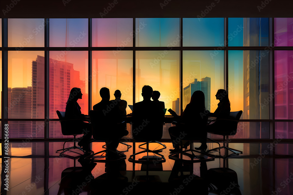 Silhouettes of people in a meeting room with a colorful window behind them Silhouettes of people in a meeting room with a colorful window behind them