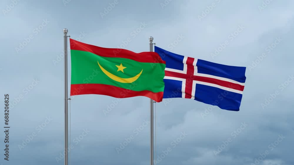Iceland and Mauritania flag waving together on cloudy sky, endless seamless loop, two country cooperation concept Iceland and Mauritania flag waving together on cloudy sky, endless seamless loop, two country cooperation concept