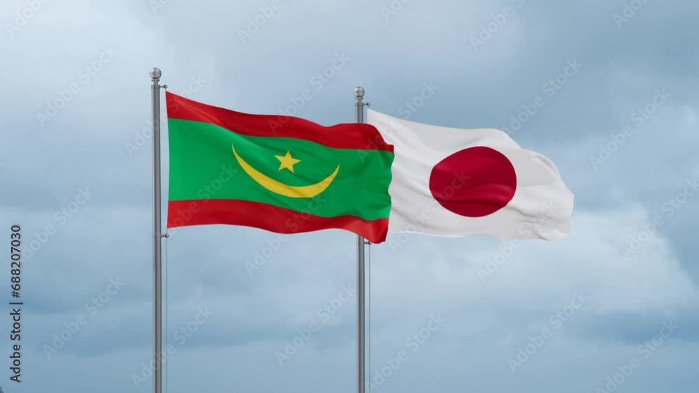 Japan flag and Mauritania flag waving together on cloudy sky, endless seamless loop, two country relations concept Japan flag and Mauritania flag waving together on cloudy sky, endless seamless loop, two country relations concept
