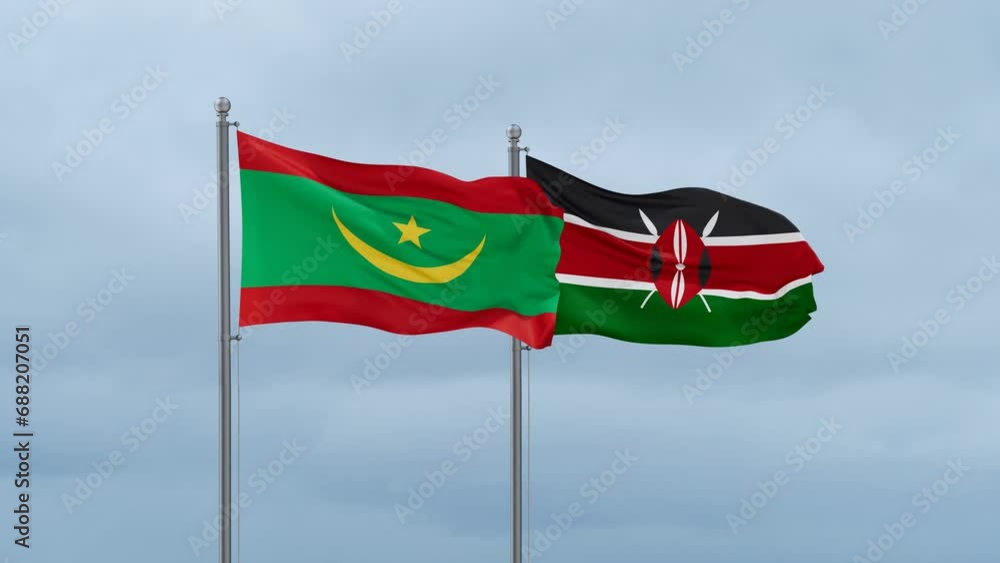 Kenya flag and Mauritania flag waving together on cloudy sky, endless seamless loop, two country relations concept Kenya flag and Mauritania flag waving together on cloudy sky, endless seamless loop, two country relations concept