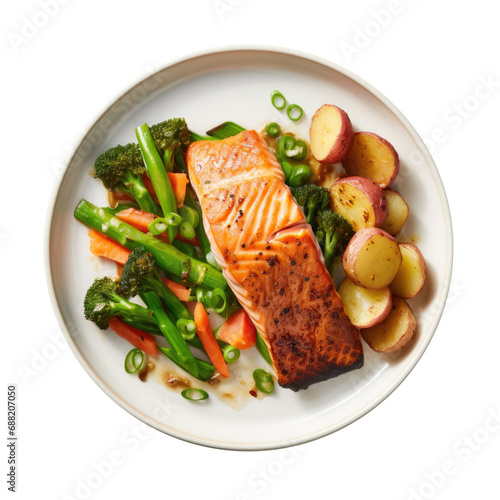 A Delicious Plate of Salmon with Vegetables Isolated on a Transparent Background