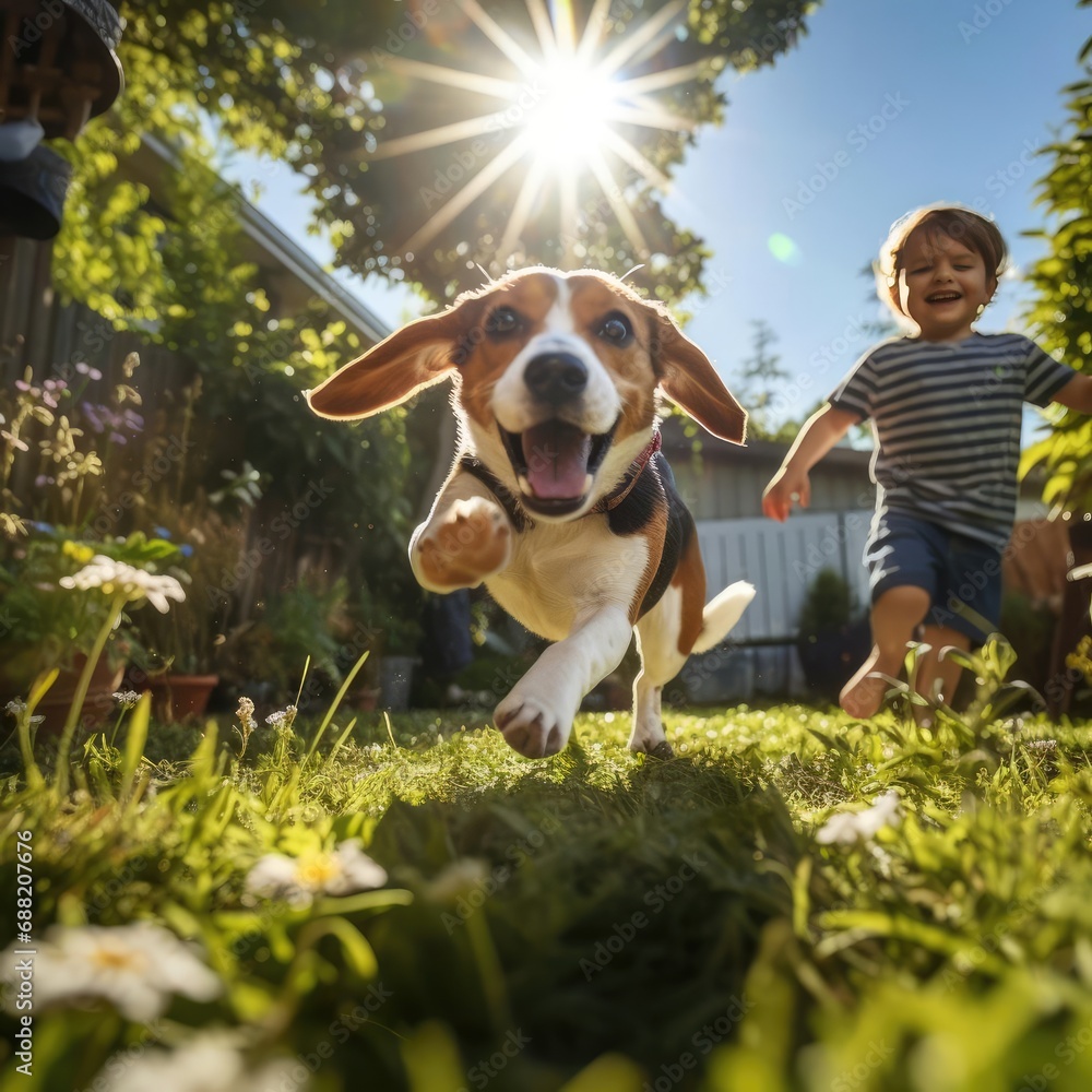 Sunlit Joy: Beagle Chases Tail with Playing Children in Focus