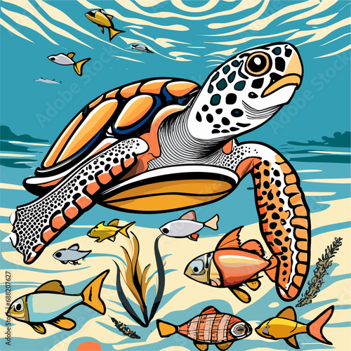 Vector illustration. Turtle under water at the coral reef
with exotic fishes. Underwater world of the ocean.
Algae, corals and sea anemones on the seabed.