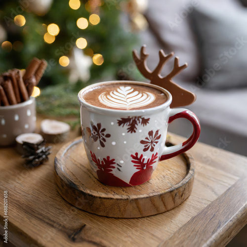  a cute cup of cacao with a deer pattern on the wood table