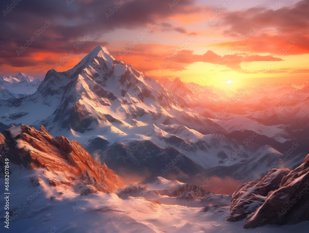 Sunset in the mountains. Sunrise in the Alps mountains