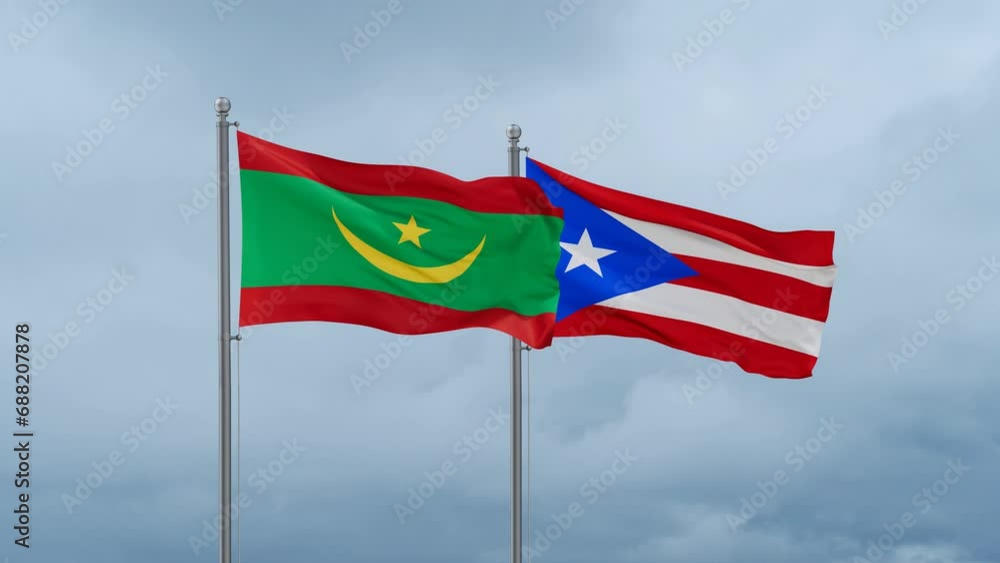 Puerto Rico and Mauritania flag waving together on cloudy sky, endless seamless loop, two country cooperation concept Puerto Rico and Mauritania flag waving together on cloudy sky, endless seamless loop, two country cooperation concept