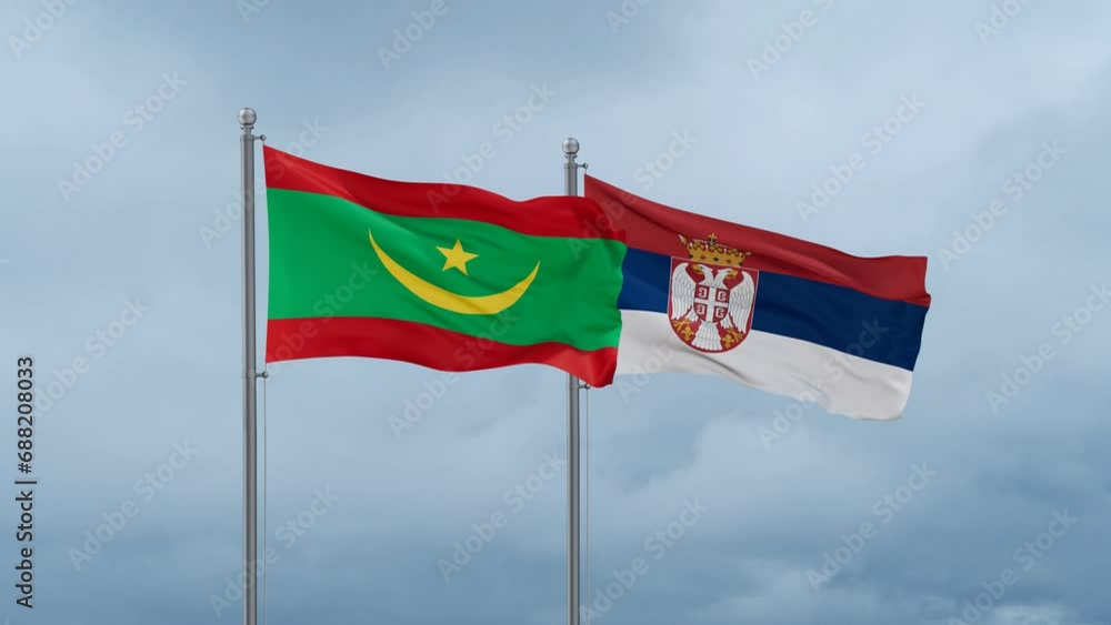 Republic of Serbia and Mauritania flag waving together on cloudy sky, endless seamless loop, two country cooperation concept Republic of Serbia and Mauritania flag waving together on cloudy sky, endless seamless loop, two country cooperation concept