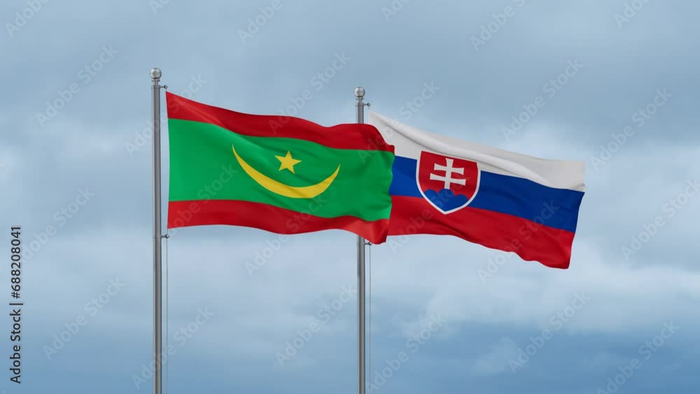 Slovak Republic or Slovakia and Mauritania flag waving together on cloudy sky, endless seamless loop, two country cooperation concept Slovak Republic or Slovakia and Mauritania flag waving together on cloudy sky, endless seamless loop, two country cooperation concept