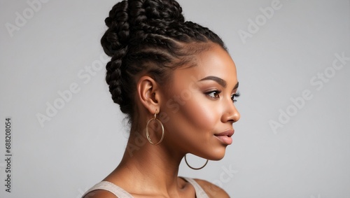 A beautiful black african american woman with a perfect clean face and pigtails gathered in a bun. 3/4 side view. Natural beauty. Gray background.