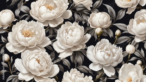 White peonies on a graphite background pattern. Floral detailed pattern. Floral natural background. Composition of flowers. Stock illustration.