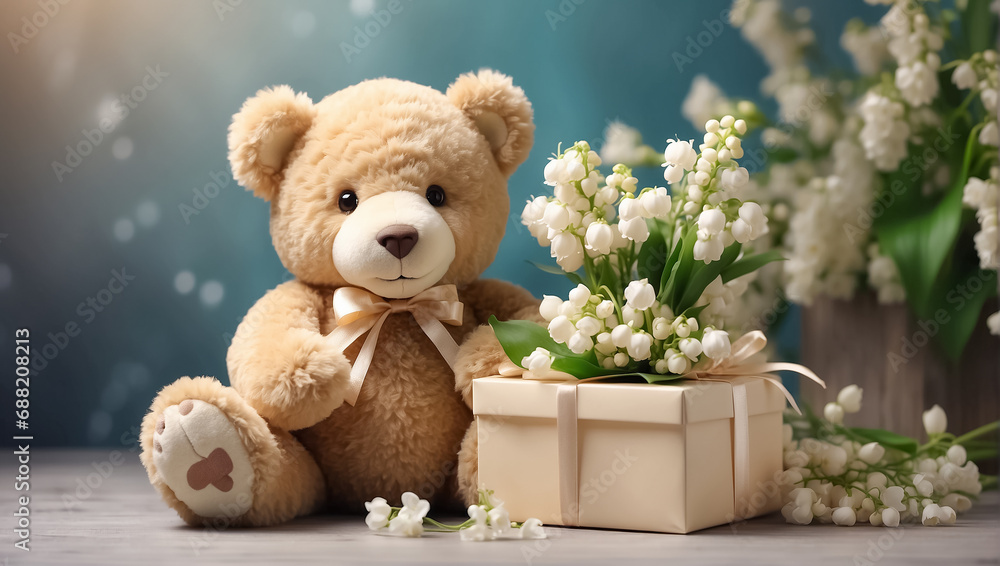 Cute funny teddy bear toy, with a gift box with a bow, with bouquets of lily of the valley flowers romance
