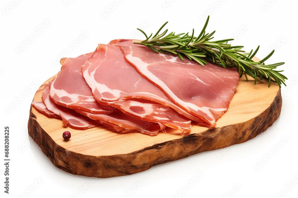 Slices of cured ham , rosemary on wooden board, closeup white background Slices of cured ham , rosemary on wooden board, closeup white background