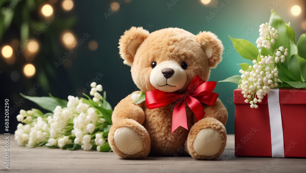 Cute funny teddy bear toy, with a gift box with a bow, with bouquets of lily of the valley flowers Cute funny teddy bear toy, with a gift box with a bow, with bouquets of lily of the valley flowers