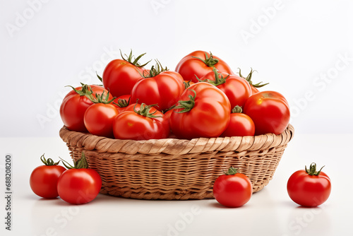 Lots of tomatoes in the basket, organic, White background, composition with copy space
