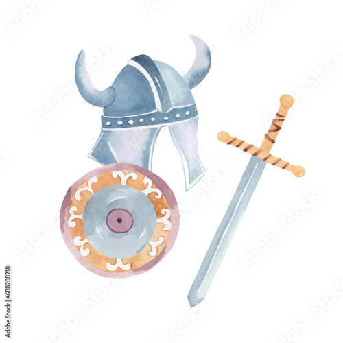 Helmet of viking with hatchet and shield - watercolor illustrations. Vikings symbols. Historical medieval weapons and protection. photo