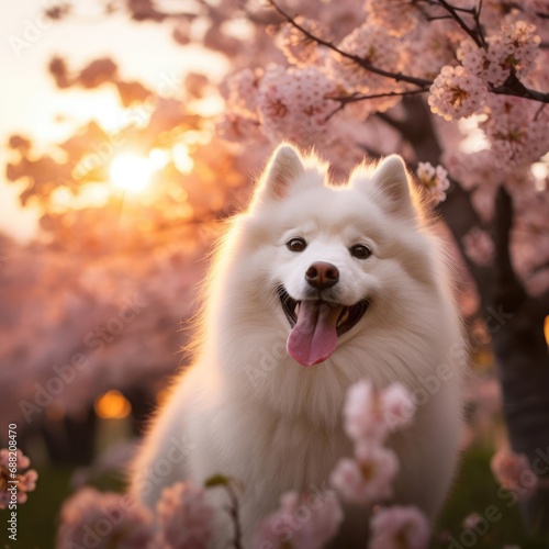 Cherry Blossom Frolic: A Japanese Spitz at Sunset