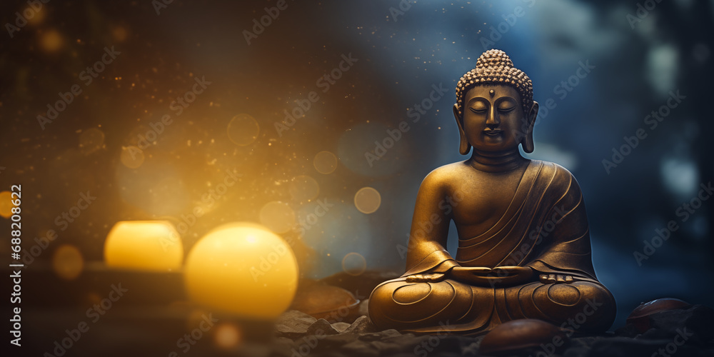 Buddha statue with candlelight and bokeh background.