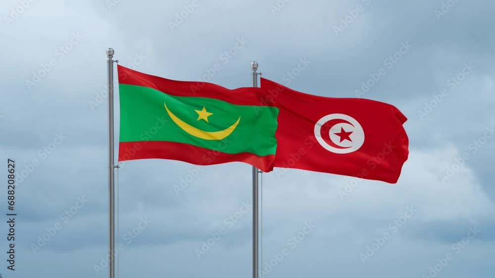 Tunisia and Mauritania flag waving together on cloudy sky, endless seamless loop, two country cooperation concept Tunisia and Mauritania flag waving together on cloudy sky, endless seamless loop, two country cooperation concept