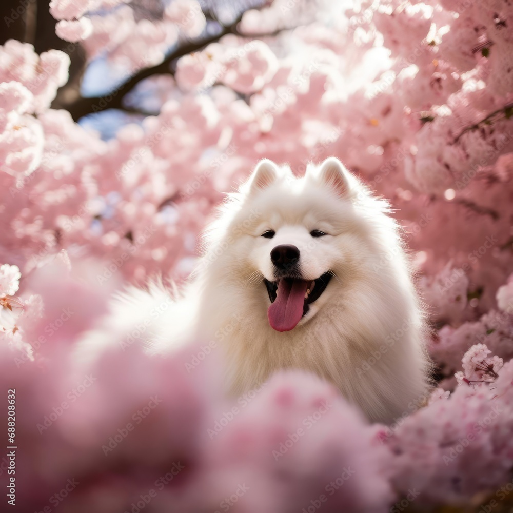 Serene Samoyed and Cherry Blossoms: A Study in Springtime Purity