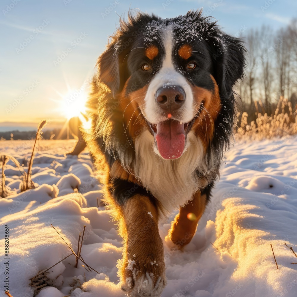 Winter Bliss: Bernese Mountain Dog Frolic in Sunset Snowscape