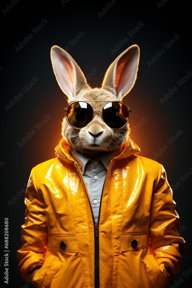 easter bunny is wearing sunglasses and a shiny yellow leather jacket. Easter holidays concept. Generative AI