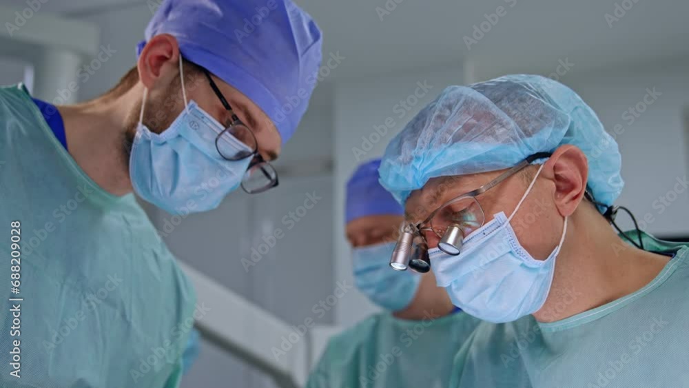 Chief surgeon in device glasses and assisting surgeon in eyeglasses cooperate at neurosurgery. Portraits of professionals focused on operation. Chief surgeon in device glasses and assisting surgeon in eyeglasses cooperate at neurosurgery. Portraits of professionals focused on operation.