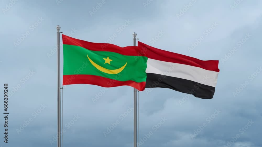 Yemen and Mauritania flag waving together on cloudy sky, endless seamless loop, two country cooperation concept Yemen and Mauritania flag waving together on cloudy sky, endless seamless loop, two country cooperation concept