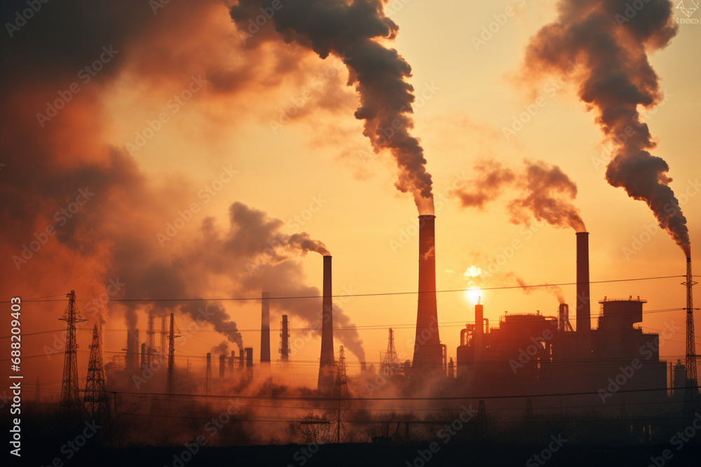 Industrial landscape with heavy pollution produced by a large factory. Ambient air pollution environmental industrial emissions. Industry zone, thick smoke plumes. Climate change, ecology