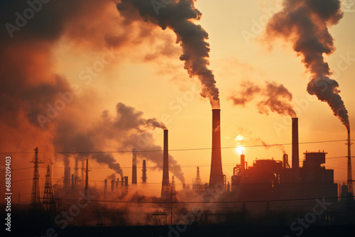 Industrial landscape with heavy pollution produced by a large factory. Ambient air pollution environmental industrial emissions. Industry zone, thick smoke plumes. Climate change, ecology © Valeriia