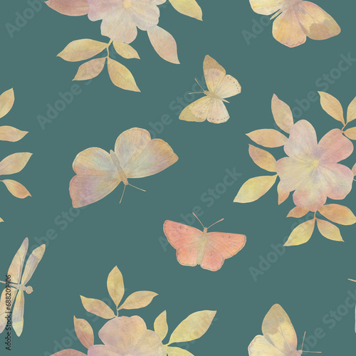 seamless botanical pattern  abstraction of delicate flowers and butterflies on a green background