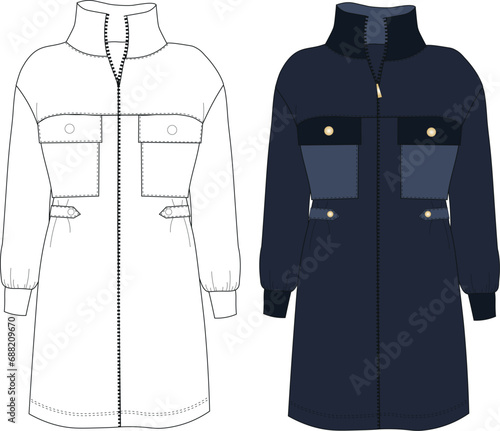 Oversize Down Coat technical drawing template, long sleeve, pockets. coat technical fashion illustration. Winter Parka Jacket. Technical Drawing, Flat Drawing. photo