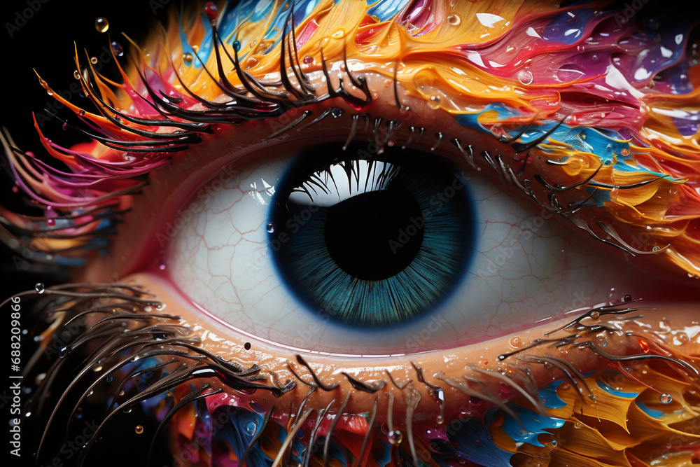 Healthy vision or eyesight with optometry treatment concept. Tired female eye with beautiful rainbow pupil. Closeup of a girl with contact lens and unusual pupil with iris color. - obrazy, fototapety, plakaty 