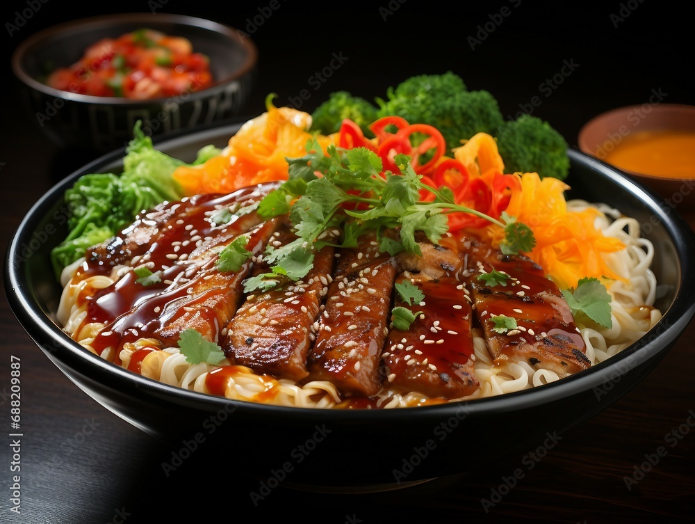 Teriyaki Chicken over Noodles with Fresh Vegetables - A Vibrant Dish for Asian Cuisine Aficionados and Culinary Explorers