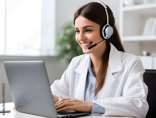 Woman doctor talking to online patient on computer screen giving consultation for health treatment photo