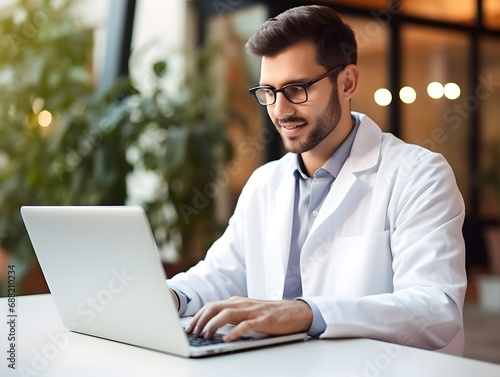 Male doctor talking to online patient on computer screen giving consultation for health treatment