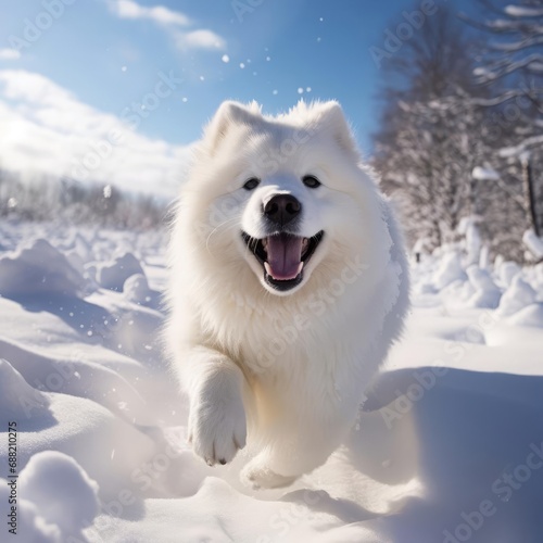 Joyful Samoyed Frolics in Snowy Meadow: A Photographer's Wide-Angle Capture