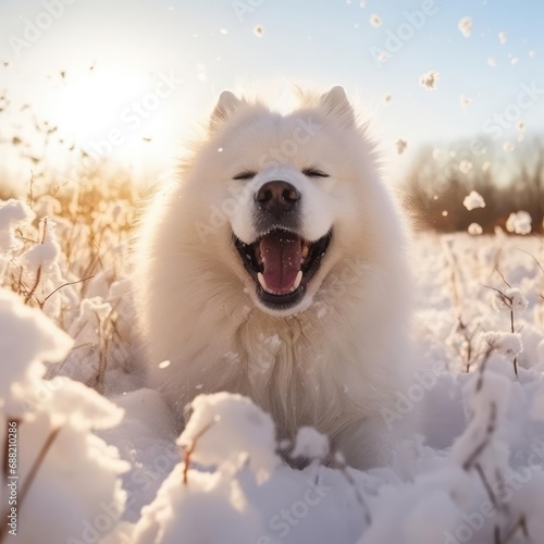 Joyful Samoyed Frolics in Snowy Meadow: A Photographer's Wide-Angle Capture