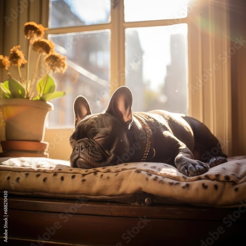 Dreamy Bokeh Bliss: A French Bulldog Snoozing in Sunlight