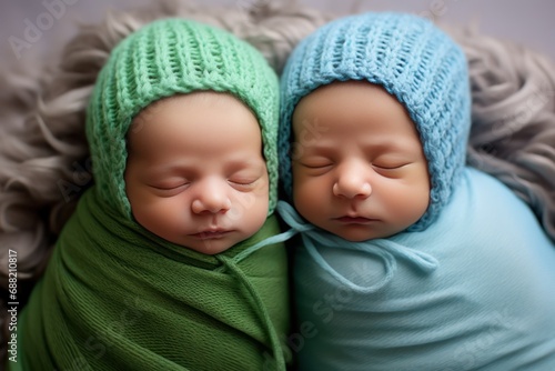 Sleeping newborn twins wrapped in blue and green, with matching knitted hats, lying on a plush grey background.