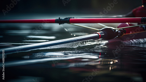 Close-up of rower's powerful stroke on reflective water