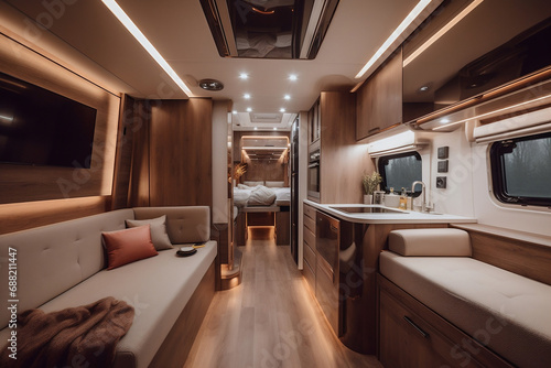 Cosy like home travel transport concept. Interior of motor home camping car automobile furnishing decor of bedroom, comfortable modern caravan house. Convenient areas for road travel for family couple