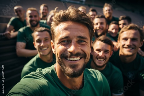 Cheerful coach taking selfie with his pupils. The concept of sport, friendship and healthy lifestyle. Group of happy people taking selfie outdoors. photo